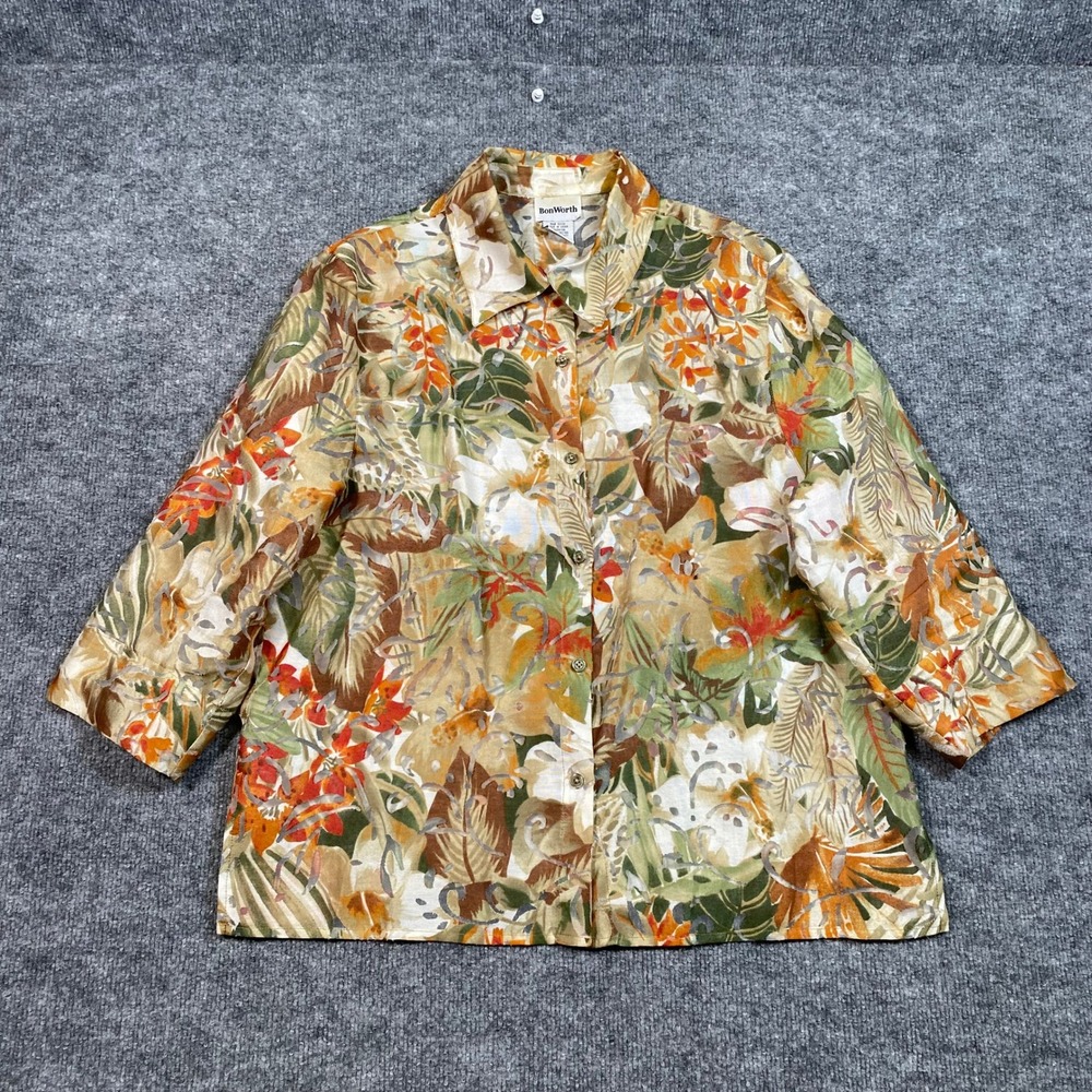 BonWorth Womens SP Tropical Floral 3/4 Sleeve Button Up Blouse 35277 Multicolor